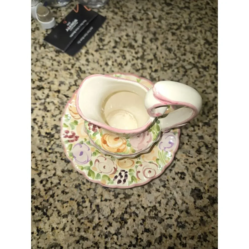 Vintage Alcobaca Portugal Hand Painted Creamer Pitcher w/ Underplate Saucer Vest